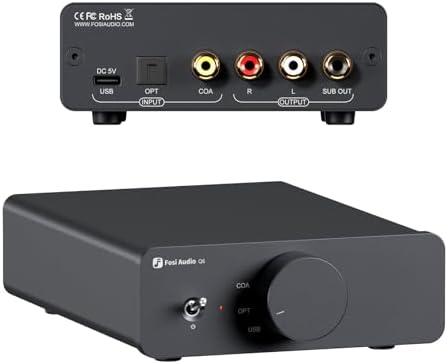 Fosi Audio Q6 Mini Desktop DAC, USB C Digital to Analog Audio Converter for Home Stereo Amplifier and Headphone Amp, Optical/Coaxial Input, RCA Output/Sub-Out, High-Resolution 32bit/768kHz DSD512