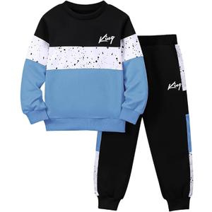 Fdqin 2 Pcs Kids Boys Hooded Sweatshirt Pants Set Hoodie Sweatsuit Fall Winter Spring Outfits for 4-14 Years (7-8 Years, Blue)