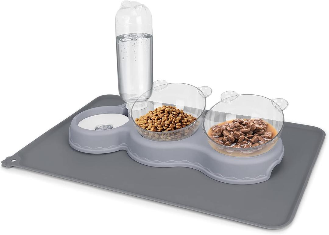 Triple Cat Bowls for Food and Water, YECERCAN Plastic Raised Cat Bowls with Automatic Water Bottle & Waterproof Mat for Cats/Small Dogs, 3 in 1 Pet Feeder for Wet/Dry Food (Dark Gray)