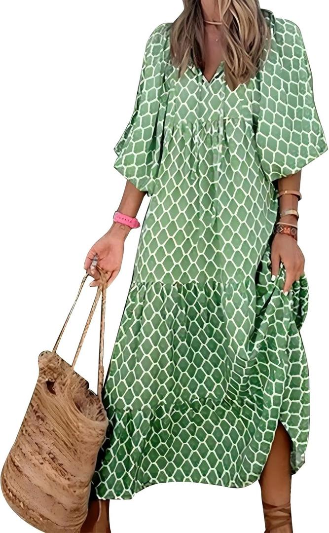 Women Loose Dress Geometric Printed Bubble Sleeve Dress Long Skirt (XX-Large)