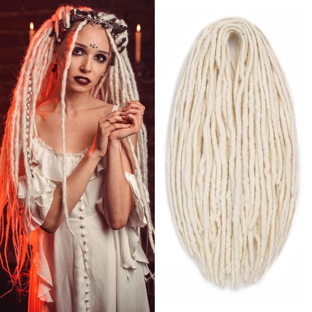 Dreadlock Extensions White Wool Double Ended DE End White Dreads Crochet Dreads Extensions 22 inches Dreadlocks Extension Straight Hippie Style Dreads for Women Men (22 Inch 15 Strands)