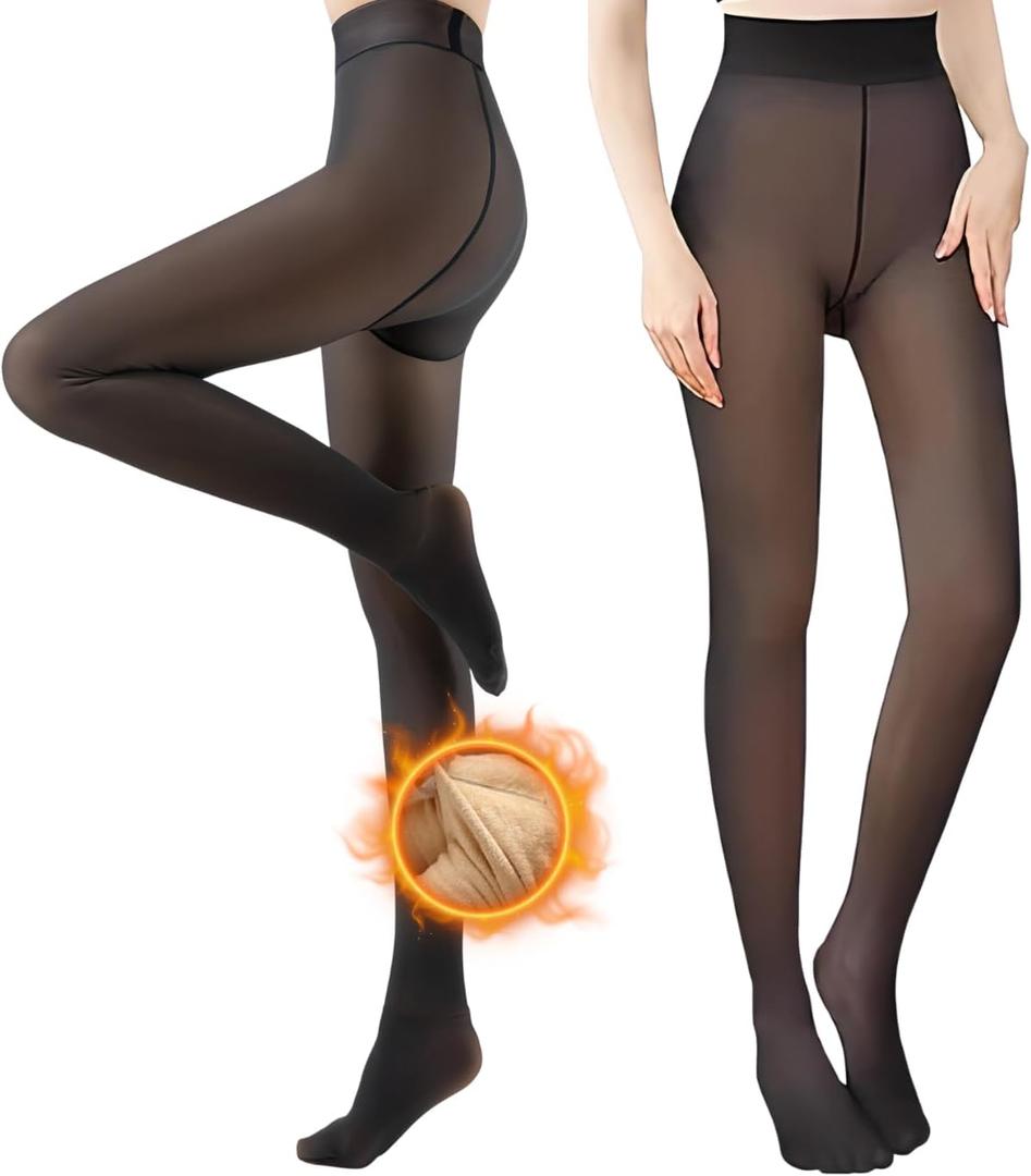 Fleece Lined Tights for Women, Warm Fake Sheer Pantyhose Leggings Thick Translucent Thermal Stockings (Black)