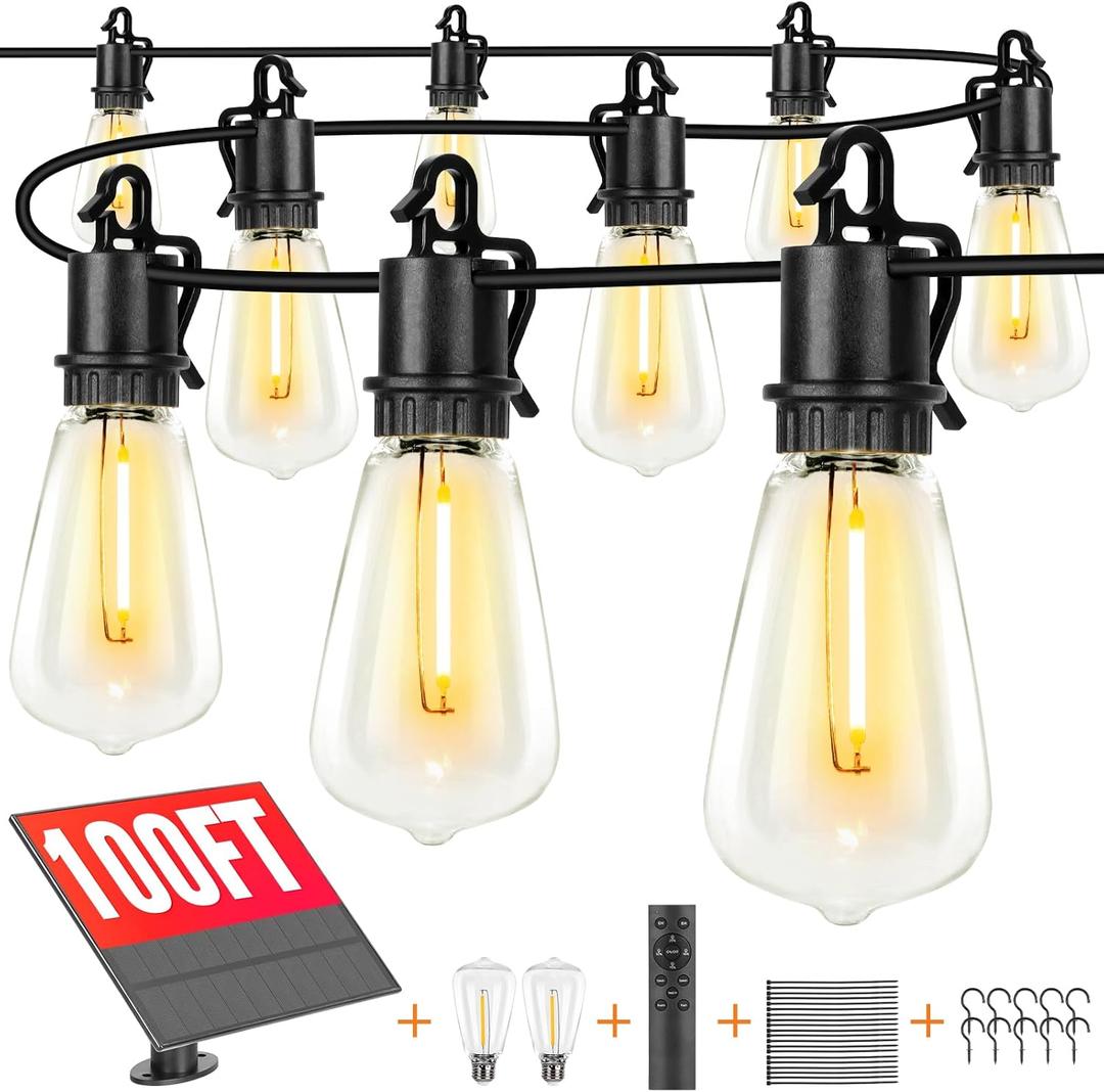 Solar Lights Outdoor String light patio deals 100FT with 32 Shatterproof, solar String Lights Outdoor Waterproof with Remote ST38 Vintage Edison Bulbs, Waterproof Hanging Lights for Outside Backyard