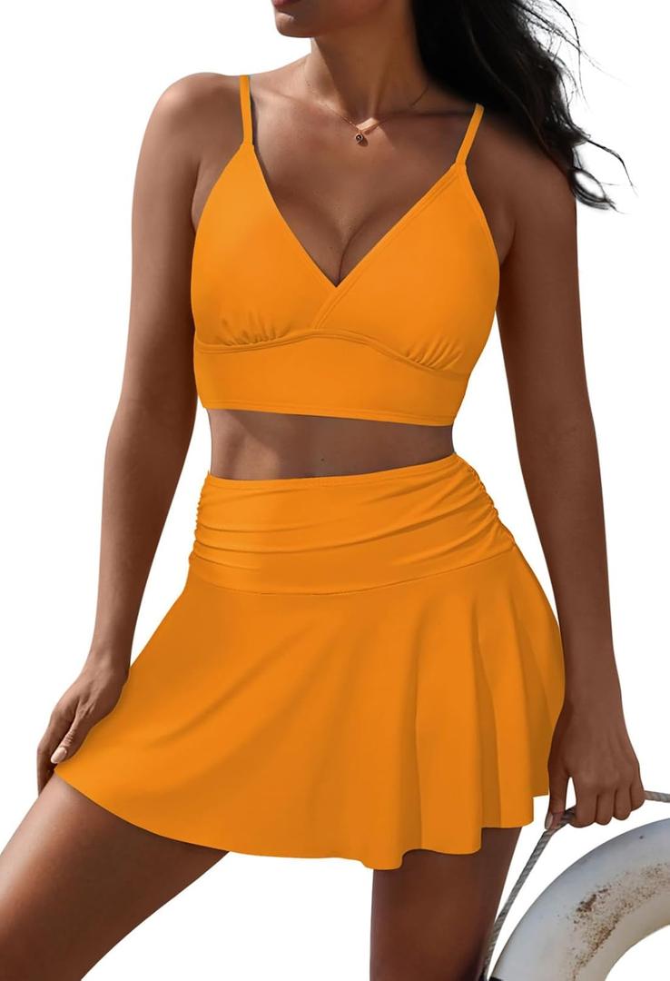 Pink Queen Women's High Waisted Bikini Set Two Piece Swimsuit V Neck Spaghetti Straps Swim Skirt Bathing Suit (Medium, Orange)