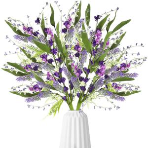 Giegxin 6 Bundles Fake Artificial Flowers Bouquet Spring Silk Flowers Arrangements Faux Wildflowers Bouquets Stems Fake Plants for Wedding Table Centerpiece Rustic Home Vase Floral Table(Lavender)