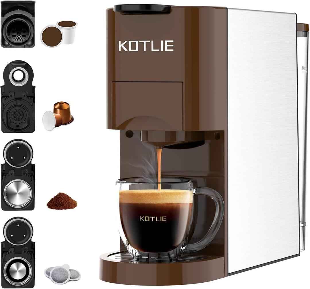 KOTLIE Latest Coffee Maker Single Serve,4 in 1 Espresso Machine for K-Cup/Nespresso Original/Ground/ESE Capsule Pod Maker,3 Pods,2 Bowl,2oz to 10oz Cup, 28oz Water Tank,19 Bar,1450W (513-New-4)