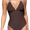 CUPSHE Women's One Piece Swimsuit Bathing Suit Halter Back Self Tie Strappy Plunging Neck Textured Swimwear, size: XL