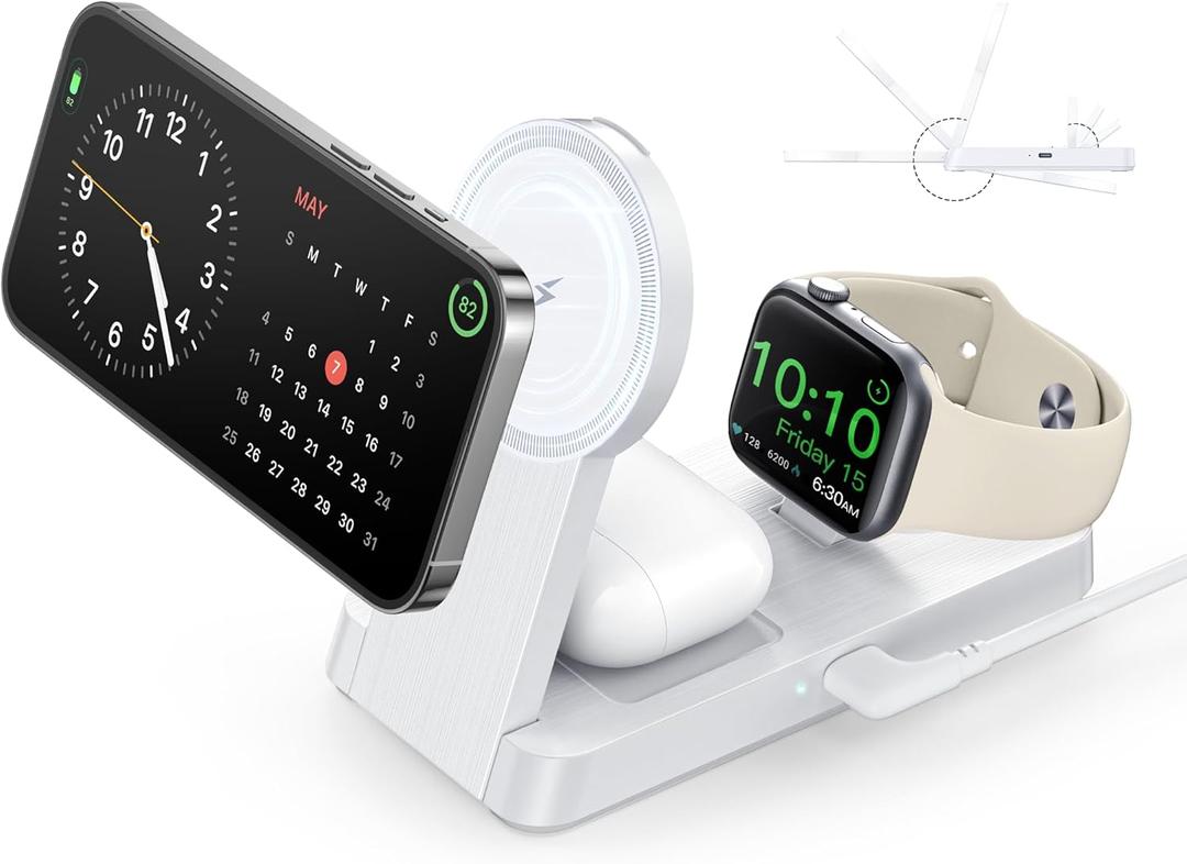 3 in 1 Magnetic Wireless for iPhone Charging Station: Foldable Portable Charger for iPhone 17-12 Pro Max & Apple Watch & AirPods, for Apple Multiple Devices Charger for Home,Office&Travel (White)