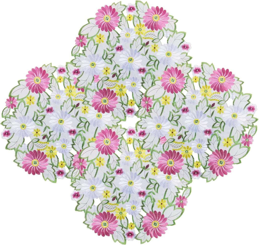 AMARED Spring Daisy Placemats Set of 4 Embroidered Flowery Applique Floral Cutwork Table Mats for Home Decoration (Round 14 Inch)