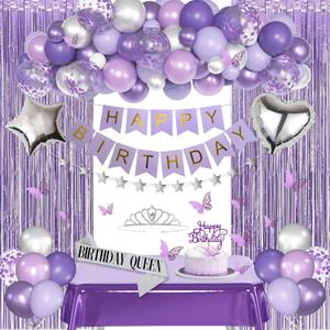 Purple Birthday Decorations for Women Girls, Lavender Purple Silver Foil Balloons Table Cloth Sash Crown Fringe Curtains Happy Birthday Banner Glitter Star Garland Butterfly Cake Topper Party Supplies