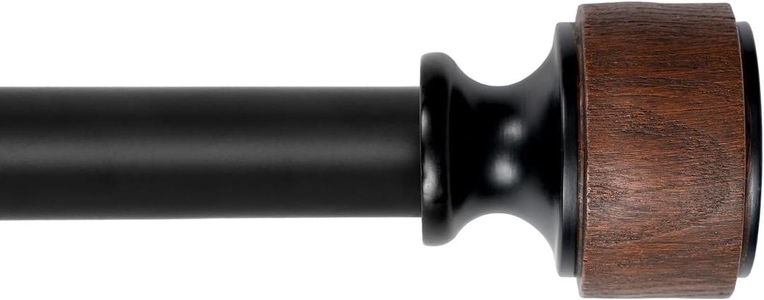 Wood Curtain Rods for Windows 32-88 Inch, Heavy Duty Adjustable Curtain Rod, 1-Inch Diameter Decorative Drapery Rod with Faux Wood Grain Finials, Black with Walnut, Modern Luxe Design, 1 Pack