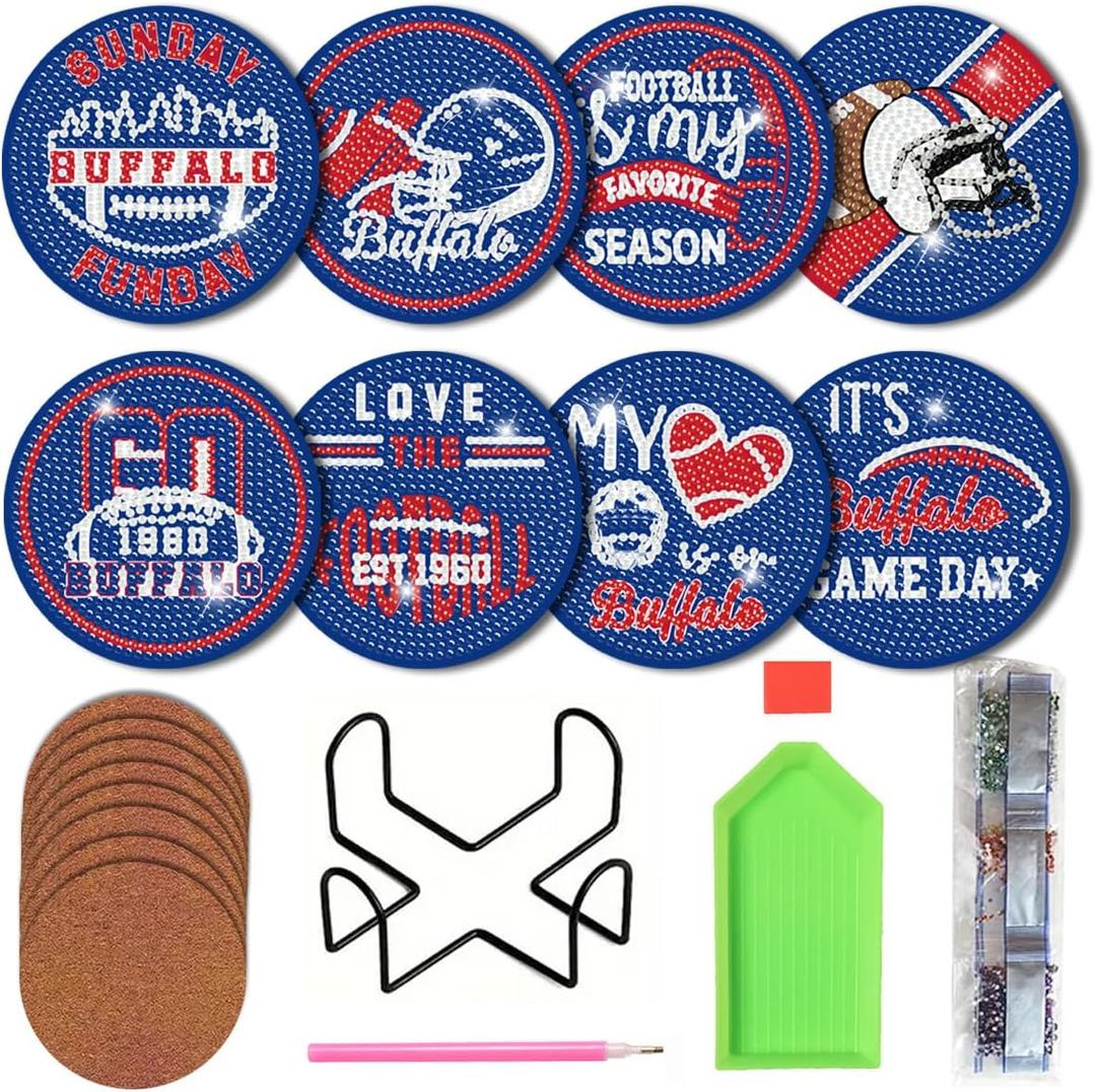 Bartogro 8 Pcs Diamond Painting Coaster Kits, DIY Football Diamond Art Coasters with Holder Sports Diamond Art Crafts Supplies for Buffalo Design