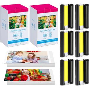 2 Pack Compatible for Canon Selphy CP1500 Ink and Photo Paper KP-108IN KP108 Includes 6 Ink Cassettes + 216 Paper Sheets for Canon Selphy CP1300 CP1200 CP910 CP900 CP1000 Photo Printers