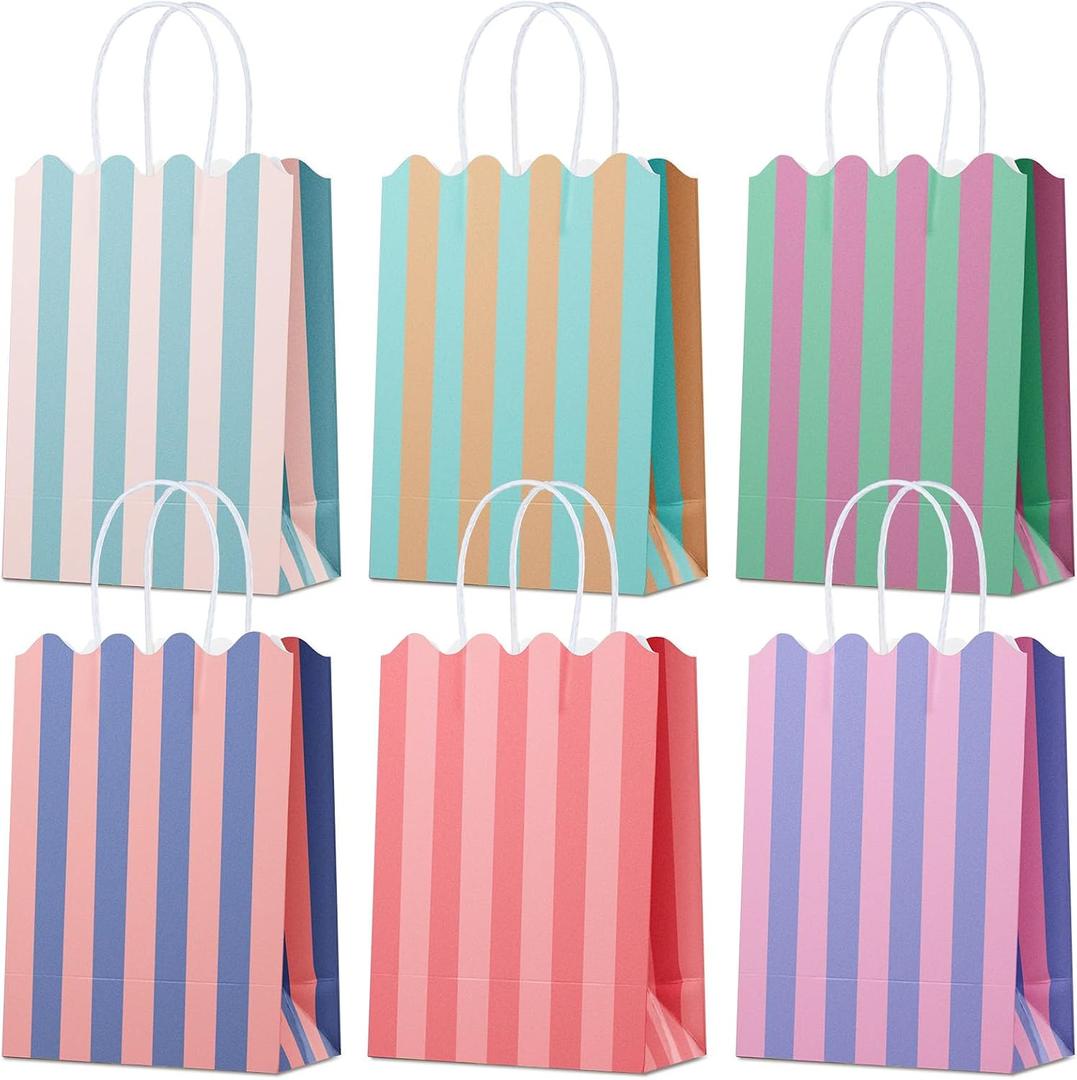 Small Gift Bags with Handles, 12-Pack Paper Party Favor Goodie Bags, 5.82 x 3.15 x 8.18 Inches, 6 Designs in Cotton Candy Stripes, Ideal for Birthdays, Baby Showers, and Christmas Parties
