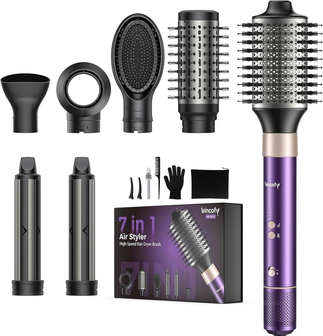 Vincofy 7-in-1 Hair Dryer Brush and Hair Styler Set Fast Drying, Curling, Straightening & Volumizing Hot Air Styling Tool with No Heat Damage for All Hair Types Purple