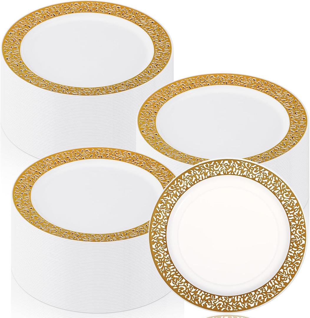 Skylety 100 Pieces White and Gold Plastic Plates Bulk 6 Inch Plastic Disposable Dessert Plates with Gold Lace Rim for Party Birthday Wedding Holiday Anniversary Supplies