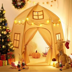 besrey Kids Play Tent, Large Kids Playhouse with 1 Door & 3 Windows, Children's Fort with Star Lights, Indoor & Outdoor Playhouse, Hexagonal Toddler Tent, 61" x31.5" x 51", White