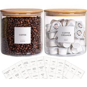 Laramaid 73oz 2Pack Glass Jar Canisters with Minimalist Labels, Round Pantry Jars with Bamboo Lids, Vinyl Customized Labels and White Pen, Food Storage Containers for Home, Kitchen and Pantry