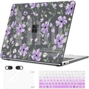 Case Compatible with 2025 Microsoft Surface Laptop 13 inch Windows 11 Copilot Touchscreen Display Model 2095, Plastic Pattern Hard Shell Case, Keyboard Cover, Screen Protector, Purple Florals