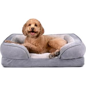 Furhaven Cooling Gel Dog Bed for Medium/Small Dogs w/ Removable Bolsters & Washable Cover, For Dogs Up to 35 lbs - Plush & Velvet Waves Perfect Comfort Sofa - Granite Gray, Medium