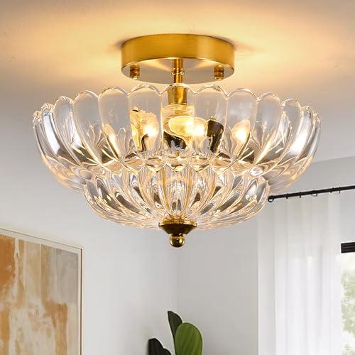 DATIEJIANG Gold Semi Flush Mount Ceiling Light, 12 Inch Vintage Crystal Light Fixture with 3-Light E26 Base, Modern Close to Ceiling Lamp for Bedroom Hallway Entryway Kitchen Foyer