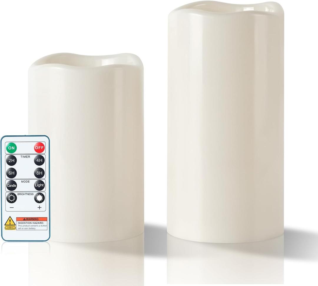 5plots 4"6" 8" Large Outdoor Waterproof Flameless Candles Ivory White with Timer & Remote, Battery Operated LED Flickering Pillar Candles for Patio Porch Halloween Christmas Lantern, Set of 2