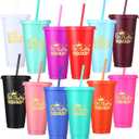 Potchen 12 Pcs Birthday Squad Cups 24 oz Birthday Queen Tumblers Cup for Women Reusable Plastic Cups with Lids and Straws for Women Wedding Galentines Anniversary Decorations Party Supplies Favor