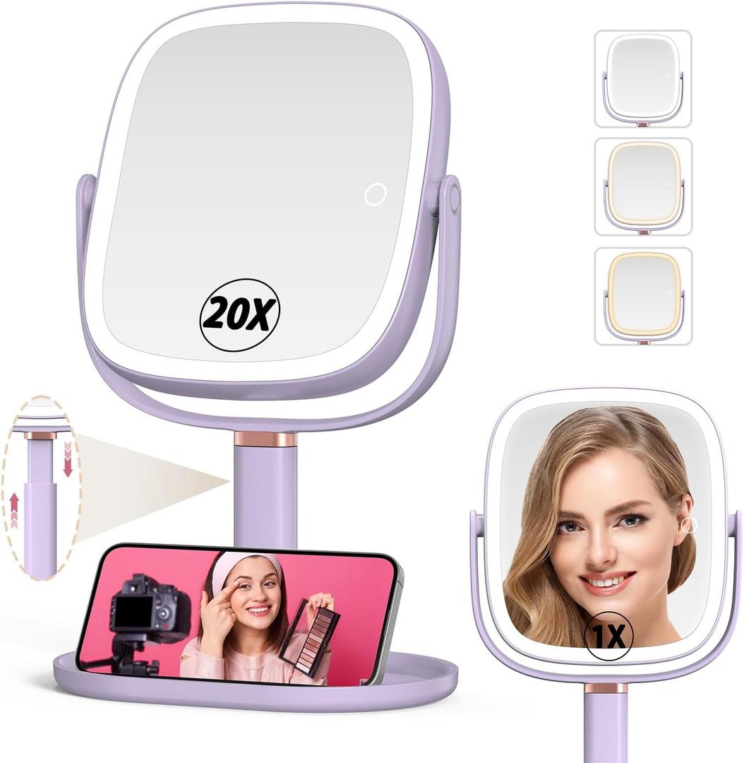 Mocado Makeup Mirror with Lights, 1X/20X Magnifying Mirror with Light, Vanity Mirror with 3 Colors Lights, Height Adjustable Lighted Makeup Mirror, Double Sided 360Rotation, Memory Function (Purple)