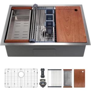 30in Undermount Workstations Kitchen Sinks - Single Bowl 11 Gauge Stainless Steel Sink 10inch Deep Workstation Sink with Cutting Board and Accessories
