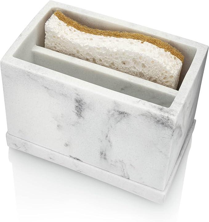 Essentra Home White Marble Kitchen Sponge Holder, Modern Kitchen Sink Caddy with Drain Tray