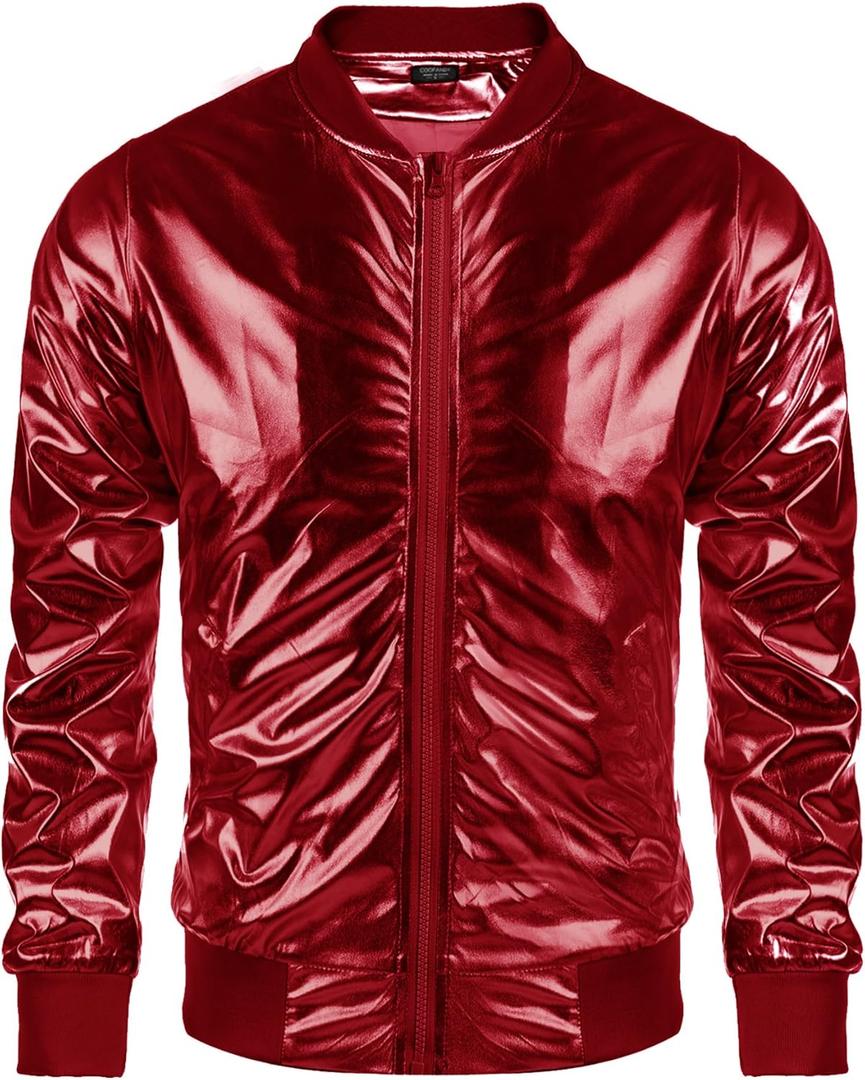 COOFANDY Men's Metallic Jacket 70s Disco Party Varsity Jacket Zip-up Baseball Bomber (Red, S)