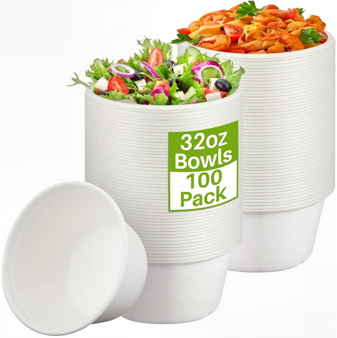 Tessco for you 32 oz 100 Pack Large Disposable Salad Bowls Deep Heavy Duty Paper Bowls Sugarcane Fiber Compostable Biodegradable Microwave Safe for Hot Cold Soup Ramen Popcorn Pasta (White Color)