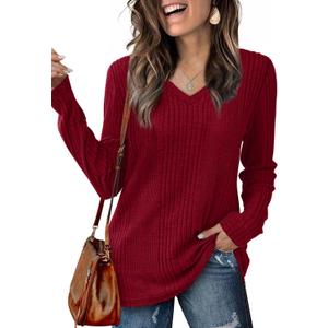 Lafural V Neck Long Sleeve Shirts for Women Casual Fall Tops Lightweight Tunic Sweaters Fashion Clothes 2024 (Small, Burgundy)