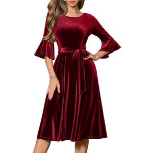 HomRain Women's Long Sleeve Velvet Midi Dresses for Wedding Guest Church Formal Winter Christmas Cocktail Party (Medium)