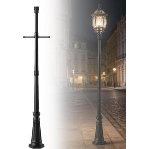 76" Black Cast Aluminum Street Light Pole, 4-Section Adjustable Lamp Post with Crossbars & 3" Universal Adapter Cap for Outdoor Porch, Patio, Yard, Garden, Driveway (Light Not Included)