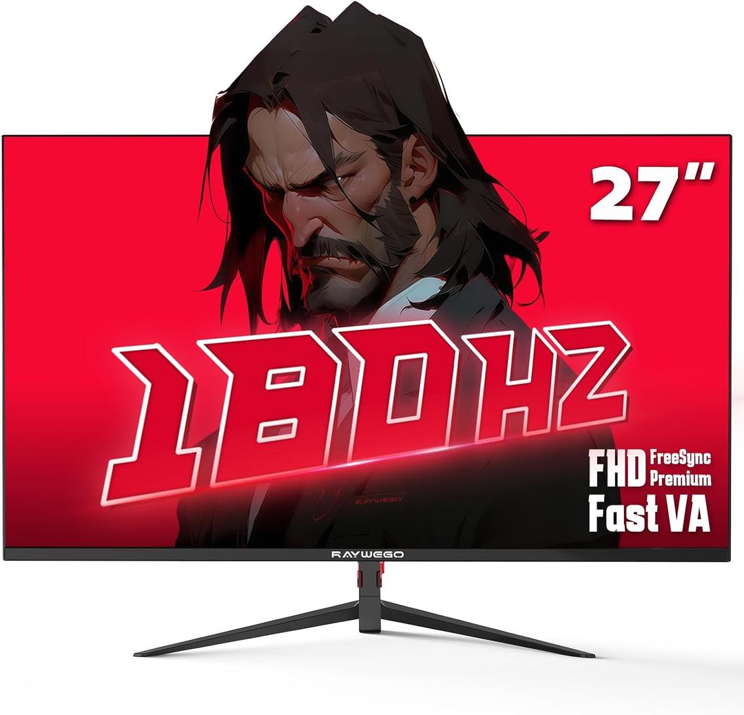 Raywego 27 Inch Gaming Monitor 180Hz Refresh Rate – Fast VA 1080p with 4000:1 Contrast Ratio, Adaptive-Sync, HDMI/DP/USB, VESA Mountable, 3-Side Borderless, FPS/RTS Game Modes