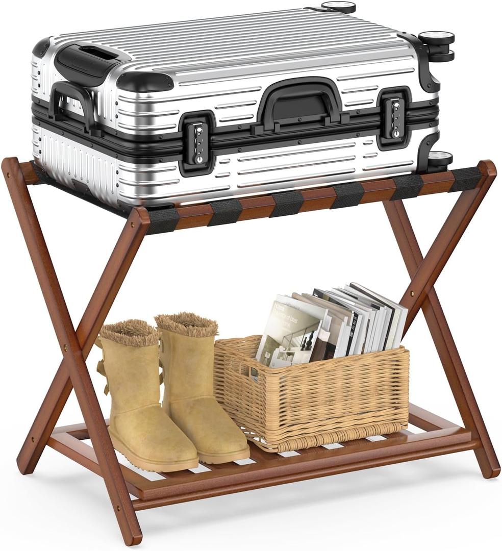 BAMBOOHOMIE Bamboo Luggage Rack for Guest Room, Wide Suitcase Stand with Storage Shelf, Folding Luggage Stand Holder for Bedroom Hotel, 26.77" Thickened Luggage Rack for Suitcases, Brown