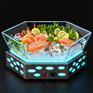 Lighted Ice Chilled Serving Tray with Colorful Adjustable Lighting for Parties Sashimi Shrimp Cocktail Chilled Party Platter Cold Food Buffet Server for Catering Serving Dish Veggie Drinks (11.8x4.7inch)