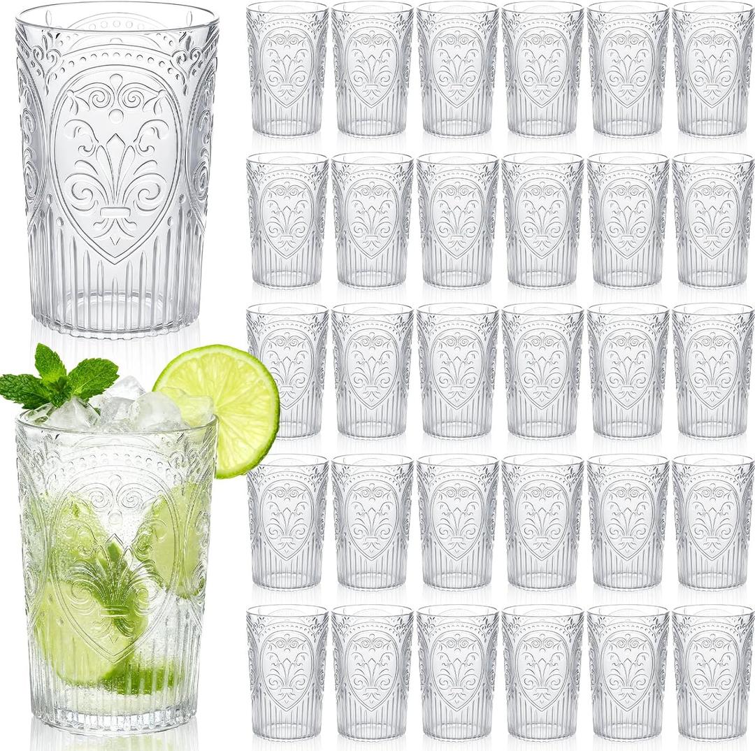 Plastic Vintage Drinking Glasses - 16 oz Stemless Ribbed Highball Glasses Bulk Embossed Reusable Cups for Water Beer Cocktails Juice Wedding Bridal Shower Birthday Event Party(Clear,48 Pcs), 3.1 inch /8 cm x 5.1 inch / 13 cm