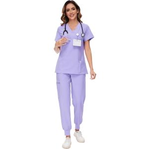 COZYFIT Scrubs for Women Set - Stretch V-Neck Scrub Top & Jogger Pant with 8 Pockets (Medium, Light Purple)