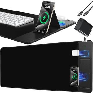 Mouse Pad with Foldable Phone Holder, Wireless Charging Desk Mat, 31.5"x15.8" Large Mousepad with Superior Micro-Weave Cloth, XXL Desk Pad with Non-Slip, Waterproof Keyboard Pad for Home & Office