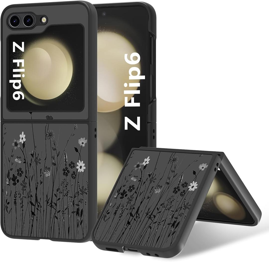 OOK Designs for Samsung Galaxy Z Flip 6 Case Black Wild Flower Design Hard PC+Soft TPU Bumper Anti-Slip Ultra Thin Cover Protective Shockproof for Galaxy Z Flip 6 (Black Wild Flower)