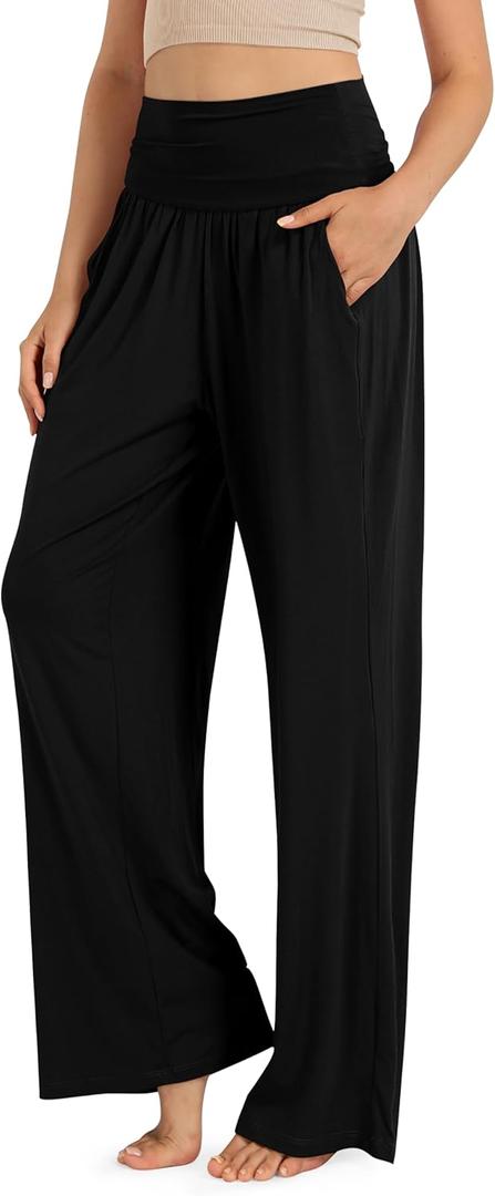 ODODOS Women's Wide Leg Palazzo Lounge Pants with Pockets Light Weight Loose Comfy Casual Pajama Pants-26/28/30"/32" Inseam (Black, S)