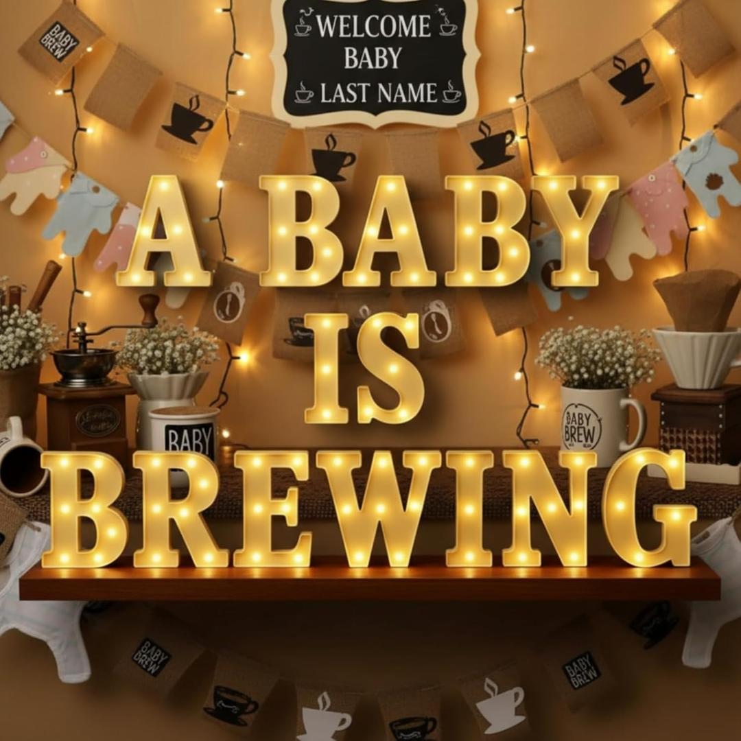 Honoson 14 Pcs a Baby Is Brewing Baby Shower Party Decorations, LED Letter Lights Sign, Table Decor for Gender Reveal, Welcome Boy or Girl, Diaper Party Supplies (Yellow)