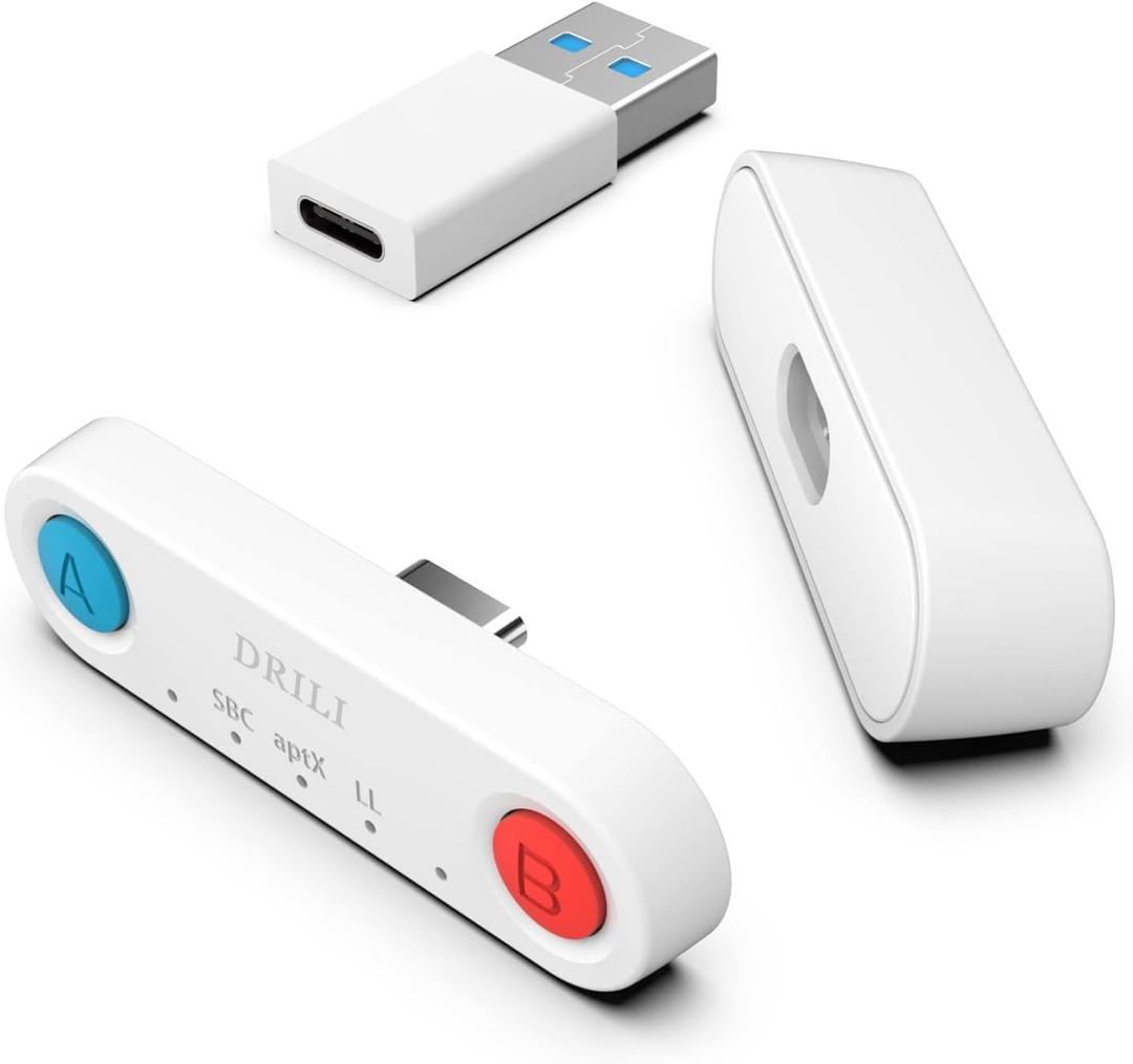 PS5 Bluetooth Audio Adapter, DRILI Low Latency Bluetooth Audio Transmitter, USB C Headphone Adapter with aptX Low Latency Support for PS4/PS5/Switch/PC, and Included USB C to USB Adpater (White - Upgraded)