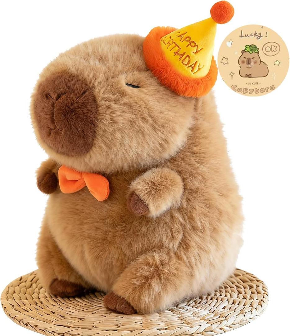 Capybara Plush with Birthday Hat, Kawaii Capybara Doll Stuffed Birthday Gifts Party Decoration, Cute Plush Toy for Girls Cartoon Fans