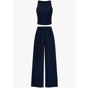 PRETTYGARDEN Spring Two Piece Sets For Women 2025 Ribbed Knit Crew Neck Sleeveless Tank Tops Wide Leg Pants Casual Lounge Set (Navy, Small)