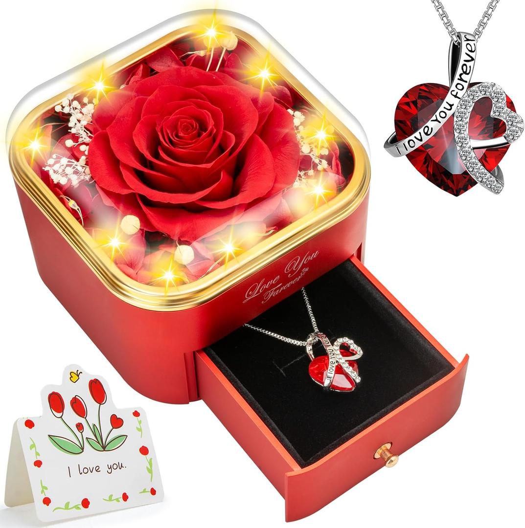 Preserved Red Real Rose with Heart Necklace -Eternal Flowers Rose Birthday Gifts for Women Wife Mom Girlfriend Grandma Gifts Idea on Christmas Valentines Mothers Day for Her-Red