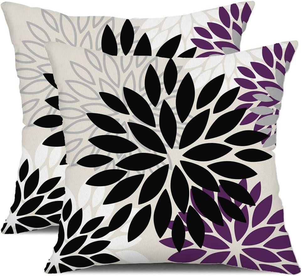 DFXSZ Black Purple Flower Pillow Covers 18x18 Inch Set of 2 Outdoor Throw Pillows Outdoor Waterproof Decor for Living Room Sofa Patio Funiture Garden Floral Polyester Pillow Covers 002Q18