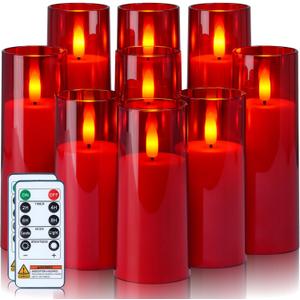 Homemory Decorative Flameless Candles, Battery Operated Candles with Remote & Timer, Flickering Led Pillar Candles, Plexiglass, Red, Pack of 9, D2.2 xH 5" 6" 7"
